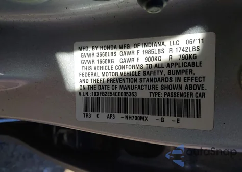 2012 Honda Civic Lx z USA, uszkodzony, nr VIN 19XFB2E54CE005363